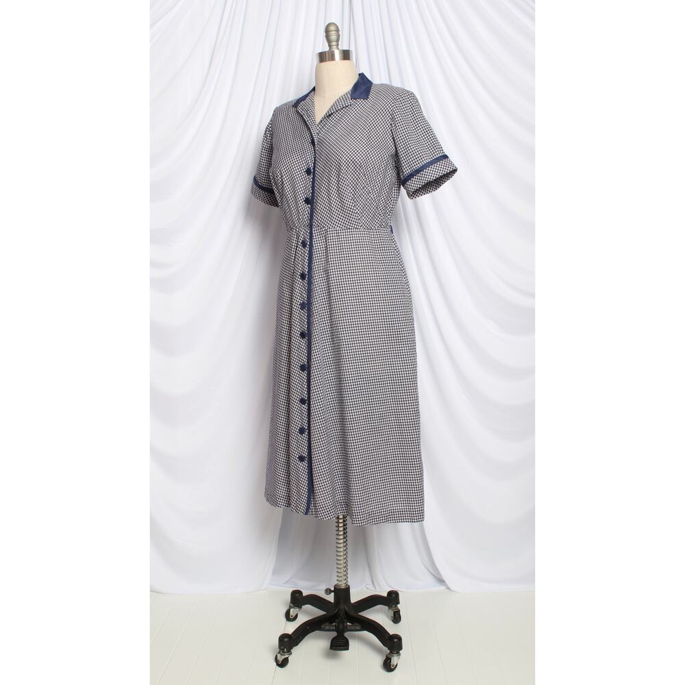 Vintage 1950s Dress 50s Blue Gingham Cotton Shirtwaist Midi Day large XL volup - Picture 3 of 8